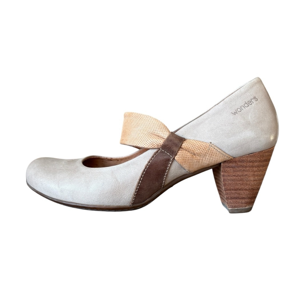 Wonders Taupe Neutral Leather Pumps Cone Heel Mary Jane Shoes 37 EU/6.5 US